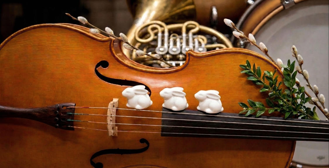 grafika z figurkami zajączków na skrzypcach i napisem wskocz w świat muzyki