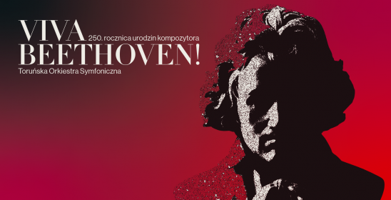 Grafika Viva Beethoven z graficznym przedstawieniem twarzy mężczyzny i białym napisem Viva Beethoven na czerwonym tle