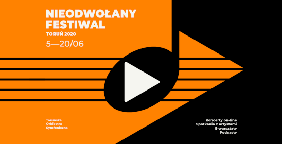 Grafika Nieodwołanego Festiwalu - Toruń 2020 w kolorystyce pomarańczowo-czarno-białej. Na środku pięciolinia, na której znajduje się grafika w formie ćwierćnuty, na środku której jest biały trójkąt skierowany w prawą stronę imitujący znak "play".
