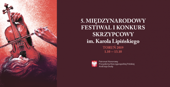 Grafika przedstawiająca kobietę grającą na skrzypcach w odcieniach czerwieni oraz nazwę konkursu i festiwalu z godłem Polski oraz informacją o partonacie honorowym prezydenta RP