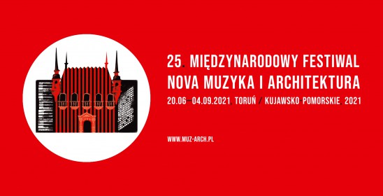 czerwona grafika z nazwą 25 Międzynarodowego Festiwalu Nova Muzyka i Architektura 