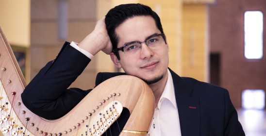 portret mężczyzny opierającego się o harfę