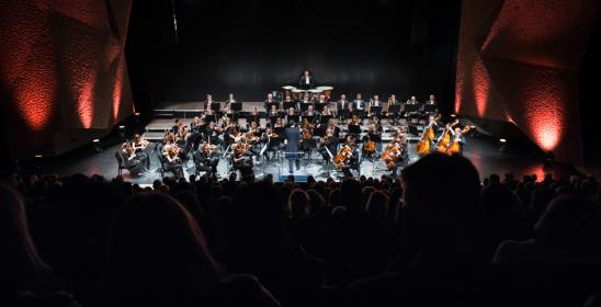 muzycy Toruńskiej Orkiestry Symfonicznej na scenie Sali Koncertowej