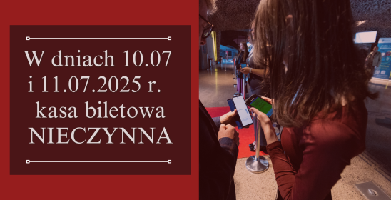Na zdjęciu grafika z informacją o tym, że kasa biletowa będzie nieczynna: po lewej stronie napis na czerwonym tle, po prawej widok od góry na młodą kobietę kasującą i mężczyznę pochylonych nad terminalem do sprawdzania biletów