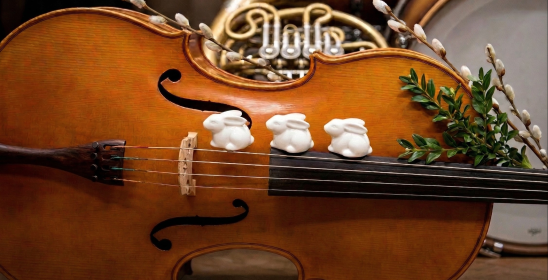 grafika z figurkami zajączków na skrzypcach i napisem wskocz w świat muzyki