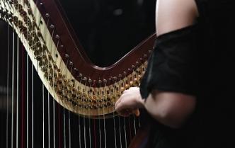 kobieta w czarnym stroju stoi przy harfie
