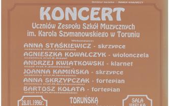 Plakat - Koncert uczniów ZSM w Toruniu w dniu 28 stycznia 1996 roku