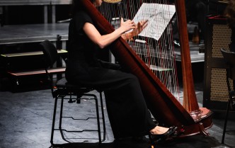 kobieta grająca na harfie