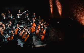 grupa osób grających na wiolonczelach i kontrabasach