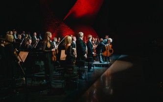 muzycy trzymający instrumenty smyczkowe stoją na scenie