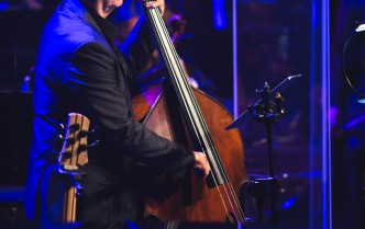 mężczyzna frający na kontrabasie