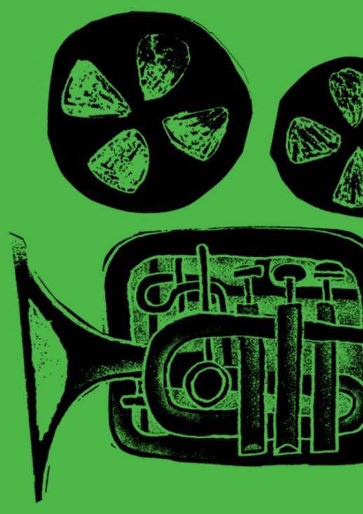 graphics with a black trumpet and reel tapes on a green background
