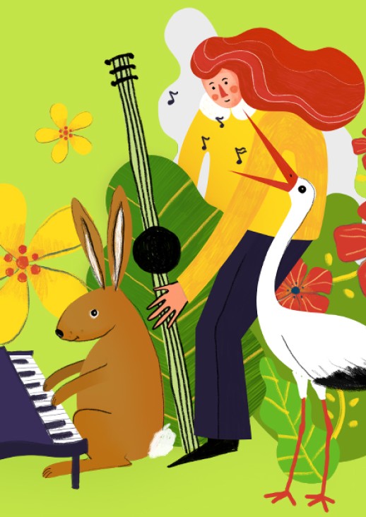 grafika przedstawiająca zająca i mężczyznę grających na instrumentach muzycznych oraz bociana