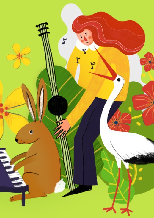 grafika przedstawiająca zająca i mężczyznę grających na instrumentach muzycznych oraz bociana