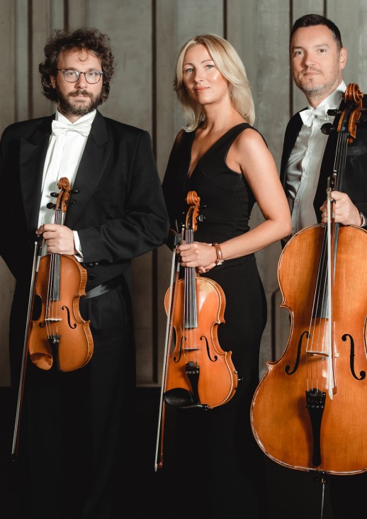 trzech mężczyzn i kobieta trzymający instrumenty smyczkowe