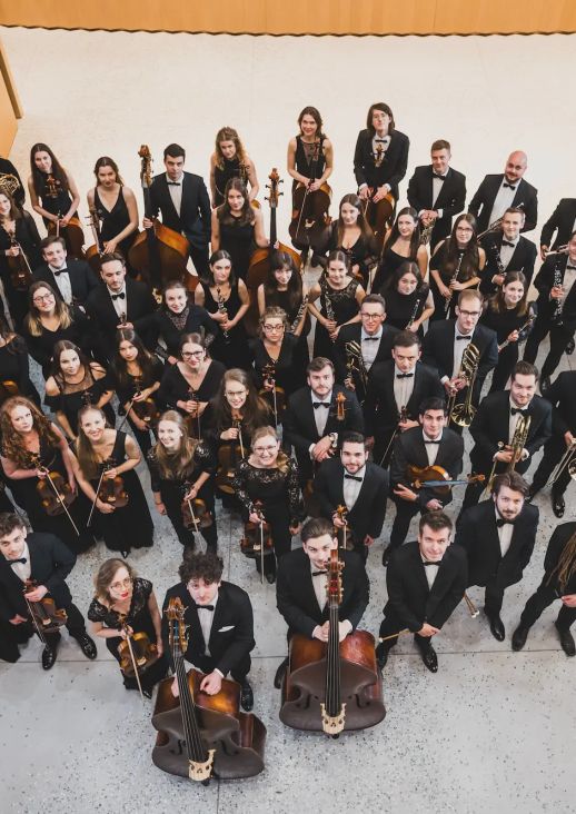 grupa kobiet i mężczyzn trzymających instrumenty muzyczne widziane z góry