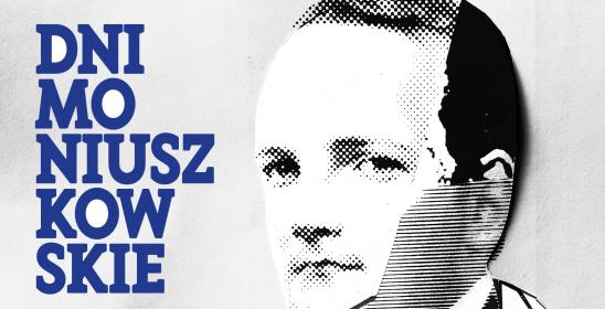 szara grafika z popiersiem Stanisława Moniuszki i informacje o Dniach Moniuszkowskich 2019