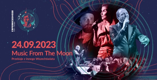 grafika koncertu 24.09.2023 Music from the Moon, soliści i orkiestra z niebiesko czerwonym kolorycie 