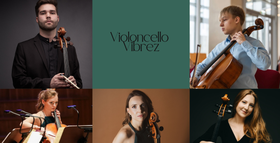 kolaż ośmiu zdjęć na których znajdują się kobiety i mężczyźni trzymający wiolonczele, na środku na zielonym tle napis: Violoncello Vibrez