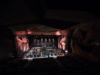 widok sali koncertowej z góry, na scenie orkiestra i solista ubrana w pomarańczowa sukienkę, pełna widowni, jasne oświetlenie sceny